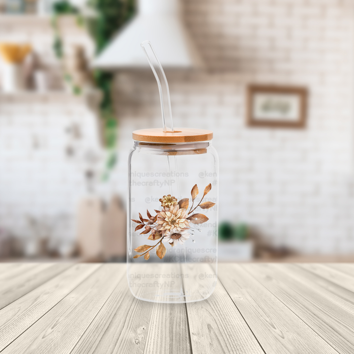 16 oz glass can with bamboo lid and straw-Boho Florals