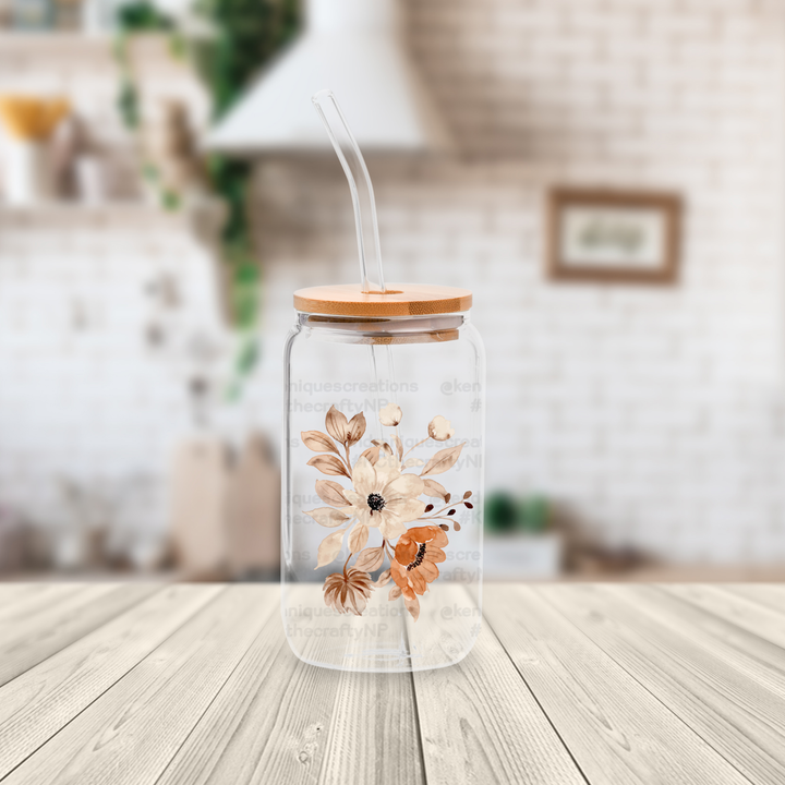 16 oz glass can with bamboo lid and straw-Boho Florals