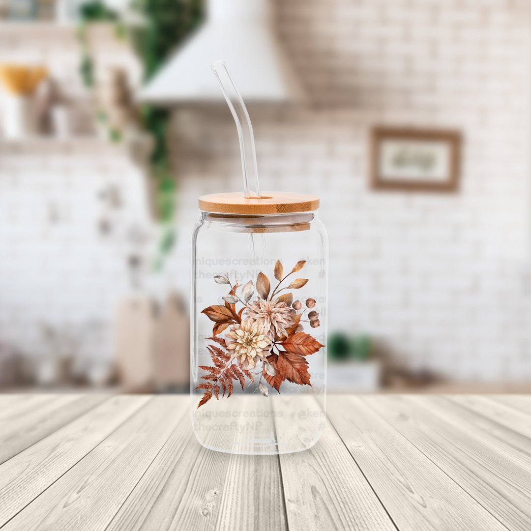 16 oz glass can with bamboo lid and straw-Boho Florals