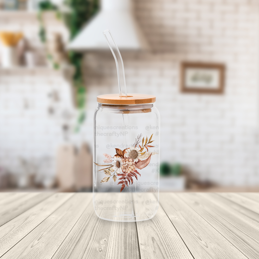 16 oz glass can with bamboo lid and straw-Boho Florals