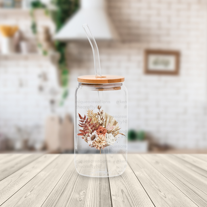 16 oz glass can with bamboo lid and straw-Boho Florals