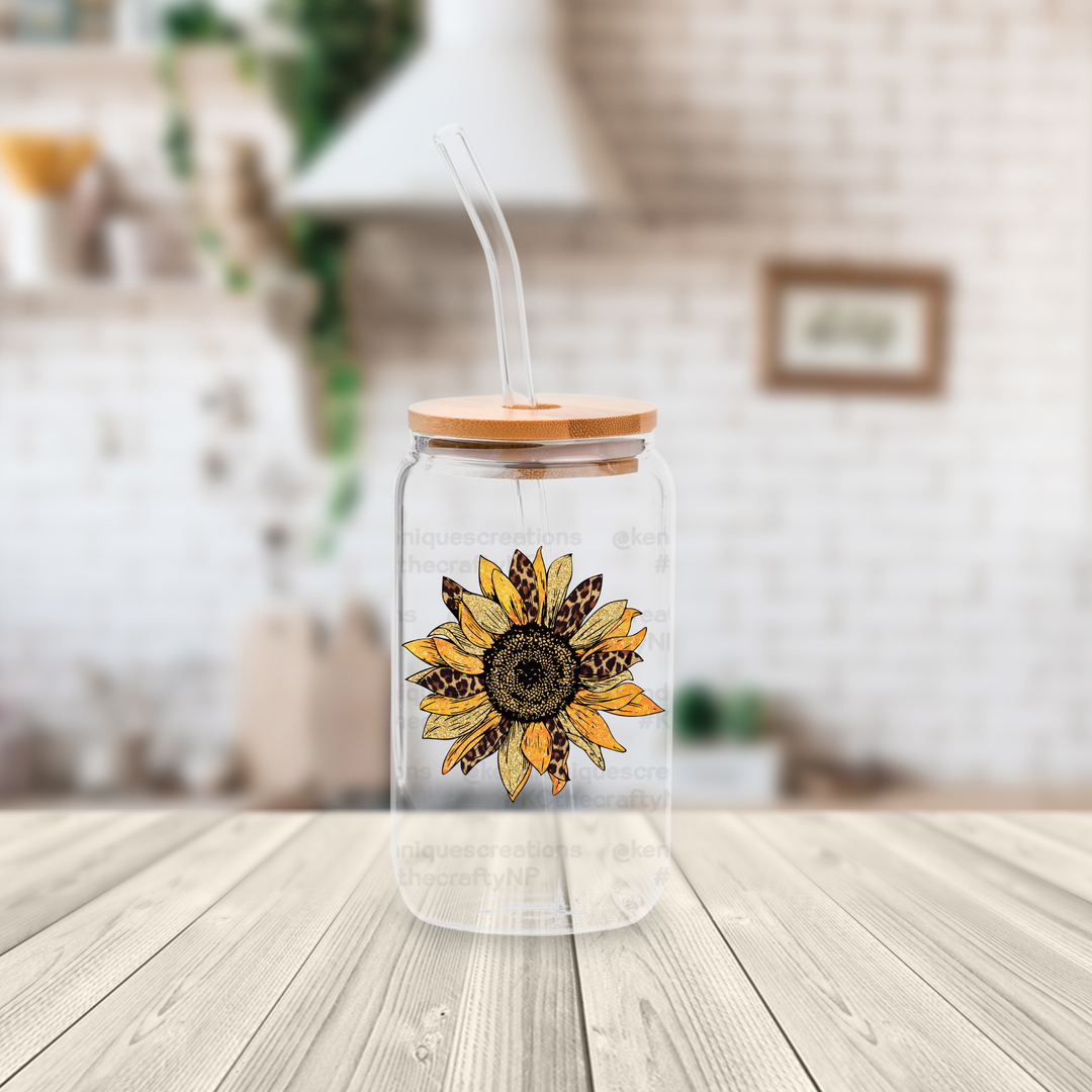 16 oz glass can with bamboo lid and straw-Sunflower (Gold)